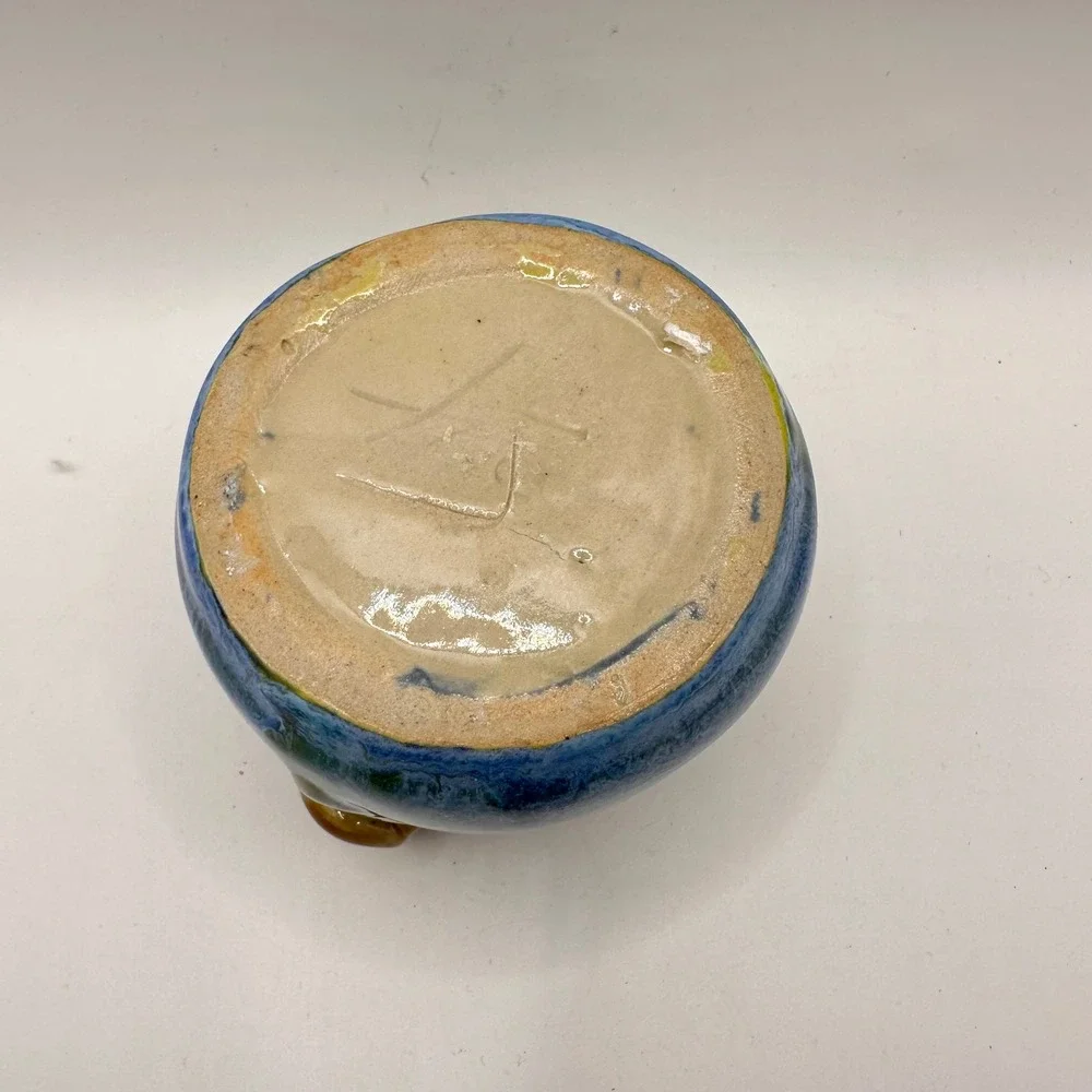 Studio Pottery Frog Vessel Blue Green Drip Glaze Signed Handmade Art Pottery